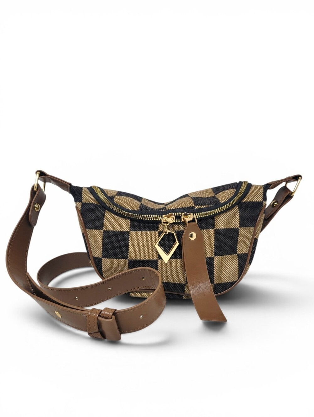Brown Checkered Crossbody Waist Bag